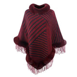 Drizzling Fur Collar Pullover Tassel Knitted Cape For Women-Wine Red-3