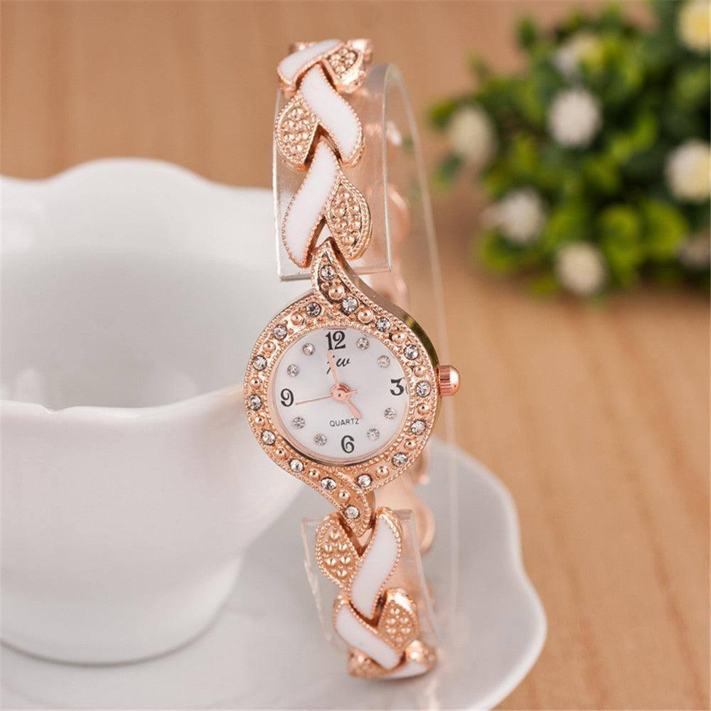 Elegant Crystal Quartz Ladies' Rose Gold Watch-White-9