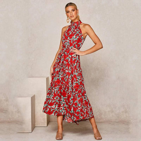 Elegant Floral Halter Midi Dress | Trendy Summer Fashion-Red 100 Polyester 1-5