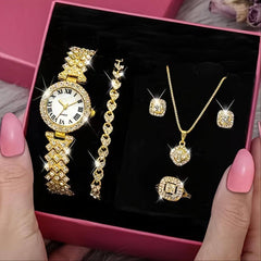 Elegant Gold Jewelry Set: Watch, Necklace & Earrings-Gold-1