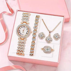 Elegant Gold Jewelry Set: Watch, Necklace & Earrings-Rose Gold-4