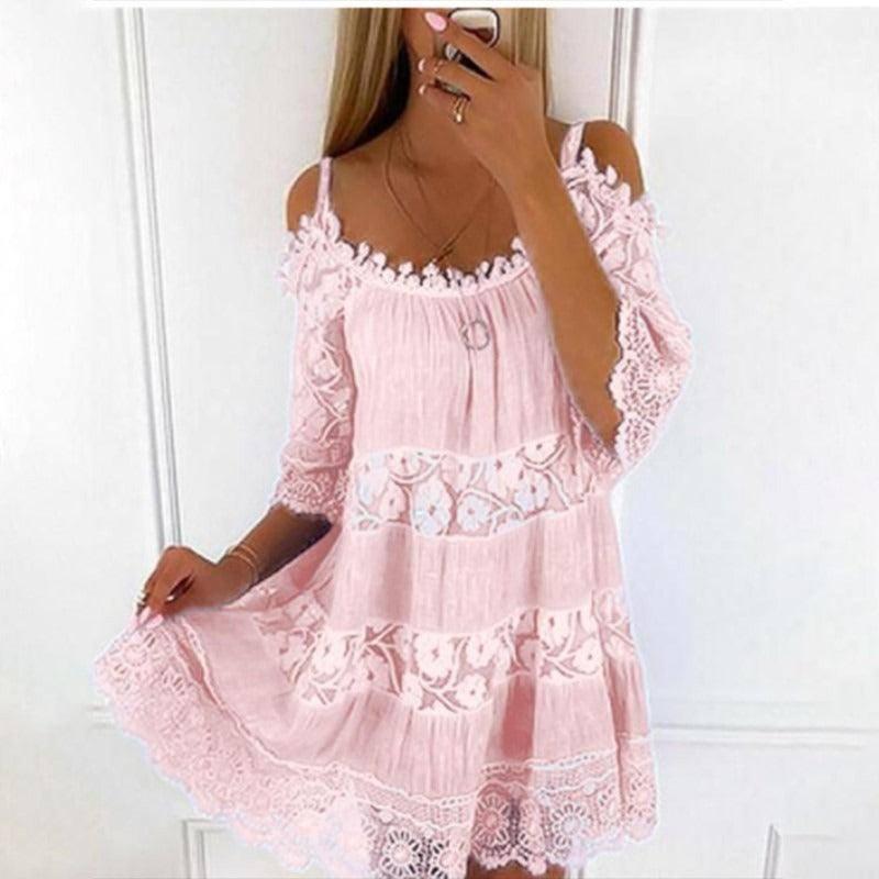 Elegant Off-Shoulder Princess Lace Dress-Pink-6