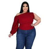 CM.YAYA Plus Size XL-5XL One Shoulder Sleeve Skew Neck Blouses and Shirt Tops-Red-8