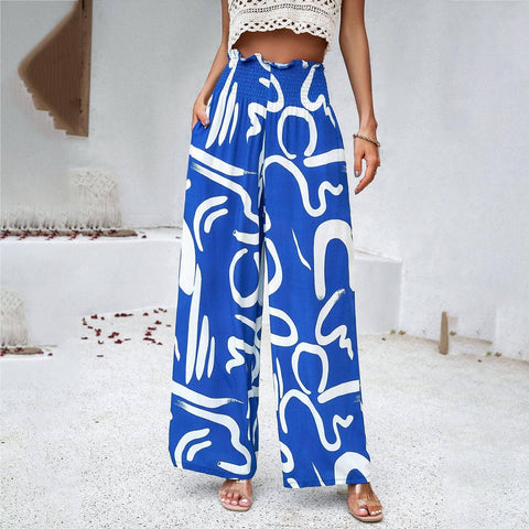 Elegant Printed Trousers Summer Loose Elastic High Waist-Navy Blue-4