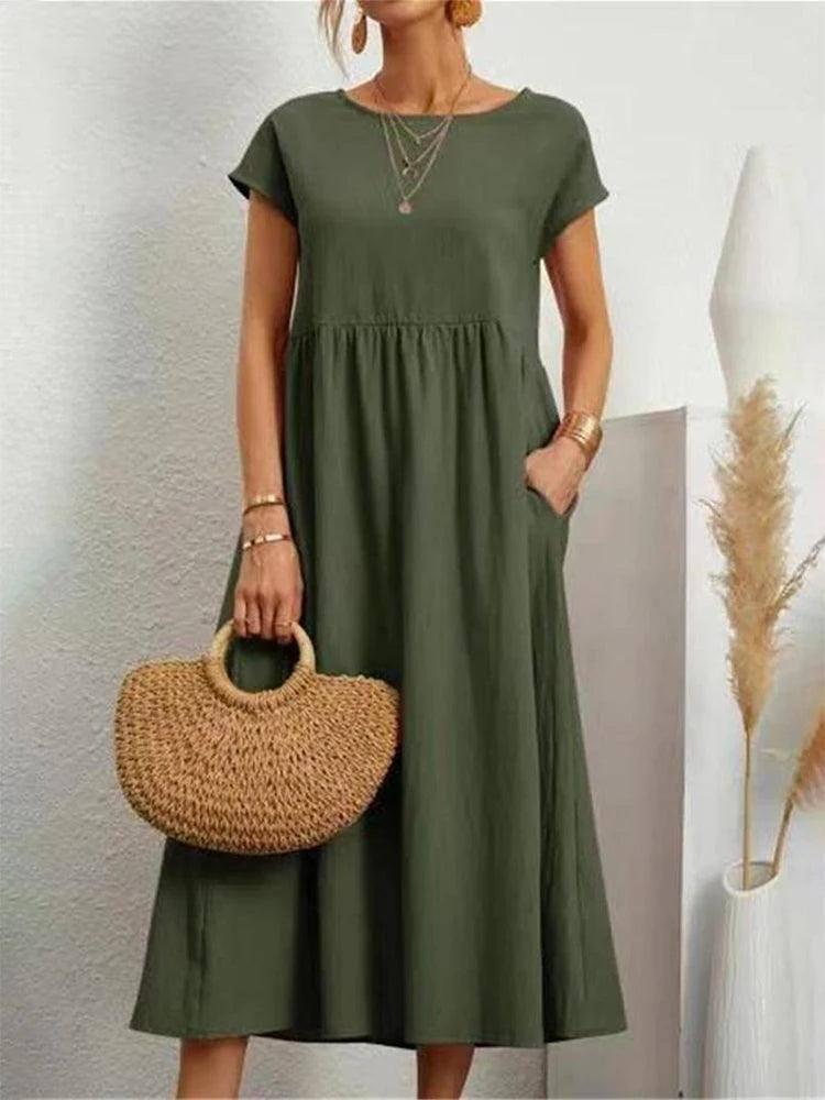 Elegant Sage Green Midi Dress - Lightweight & Timeless-Dark Green-6
