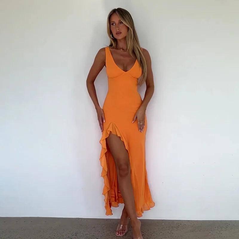 Elegant Sleeveless Ruffle Maxi Dress - Sexy Deep V Neck-7