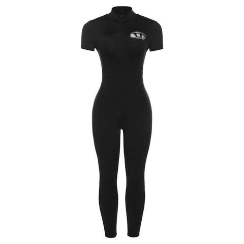 Embroidered High Waist Tight Sports Fitness Jumpsuit-Black-4