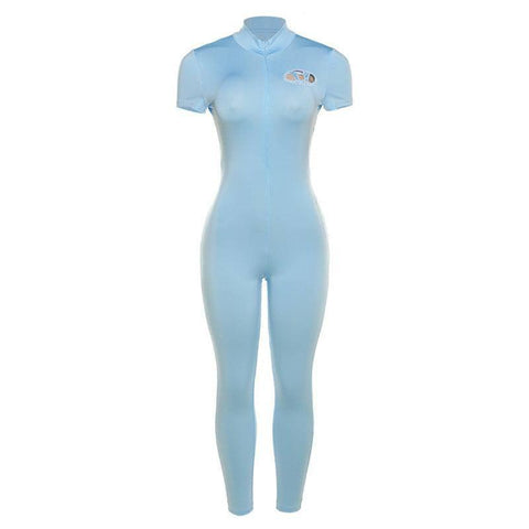 Embroidered High Waist Tight Sports Fitness Jumpsuit-Blue-5