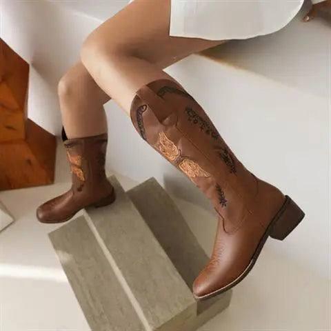 Embroidered Square Toe Mid-heel Boots For Women-5