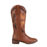 Embroidered Square Toe Mid-heel Boots For Women - Brown / 35