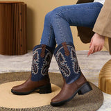 Embroidery Shoes Western Boots Chunky Mid Heel Cowboy Boots