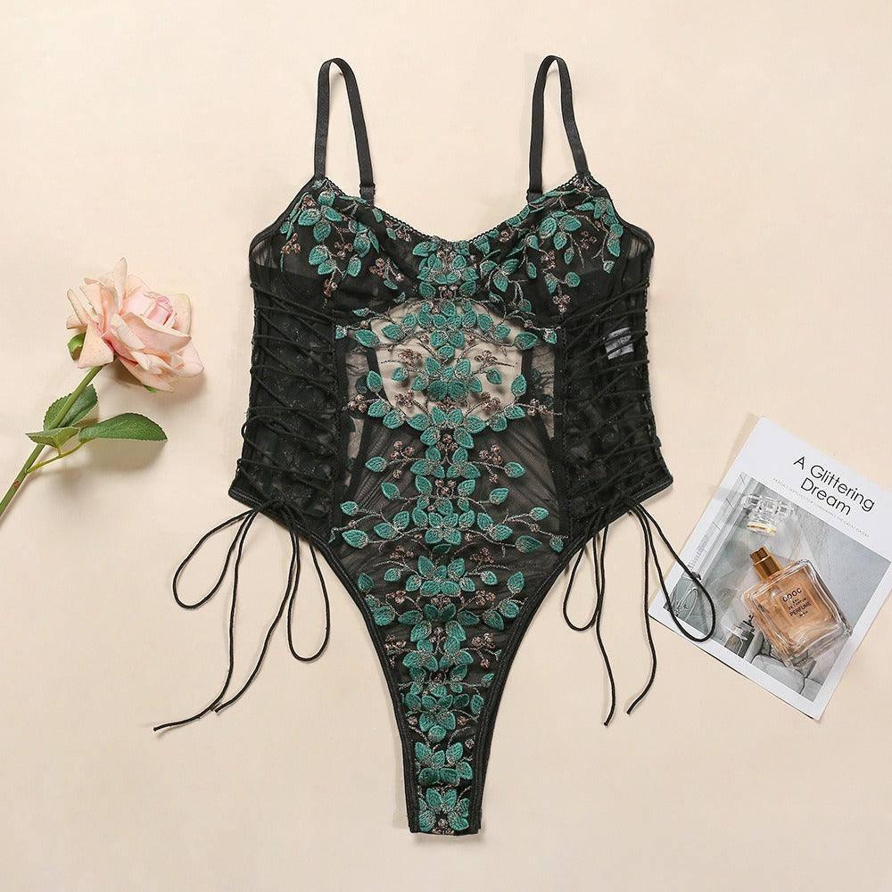 Erotic Lingerie Lace Flower Embroidery Lace-Up Sexy-Green-4