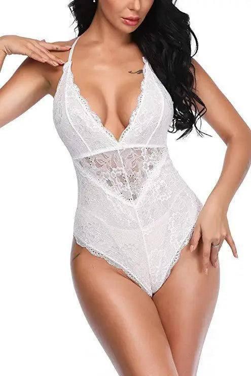 Erotic Lingerie Sexy Black Lace Up Women's One Piece-White-2