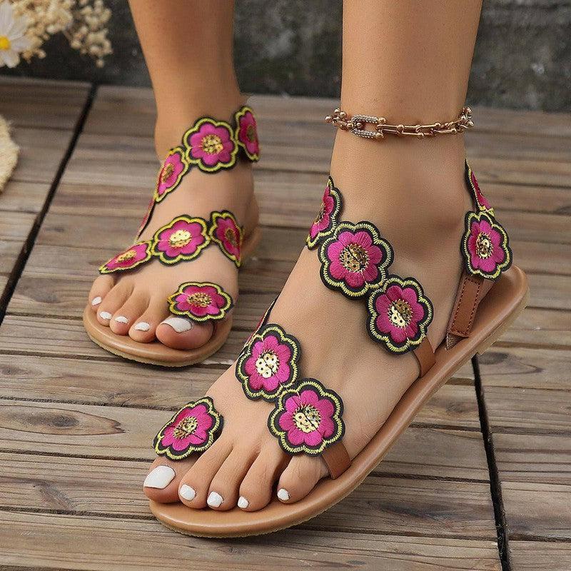 Ethnic Style Flowers Flat Sandals Summer Vacation Casual-1