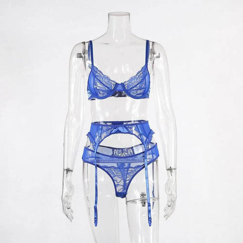 European and American sexy lingerie lace three-piece women-Blue-4
