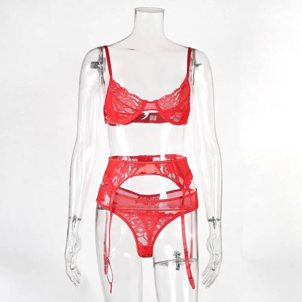 European and American sexy lingerie lace three-piece women-Red-5