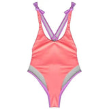 European And American Stitching One Piece Bikini Swimsuit-Pink-3