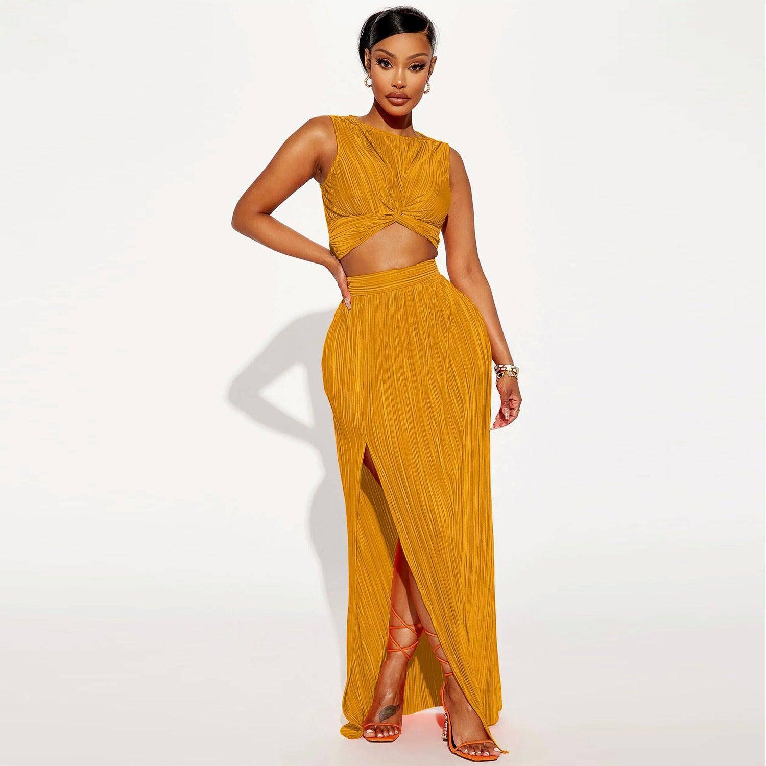 European And American Women's Clothing Slit Dress Two-piece-Yellow-6