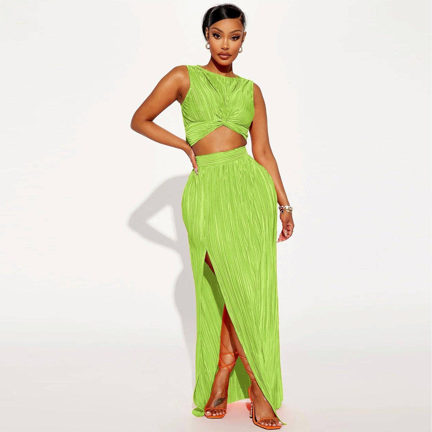 European And American Women's Clothing Slit Dress Two-piece-Green-7