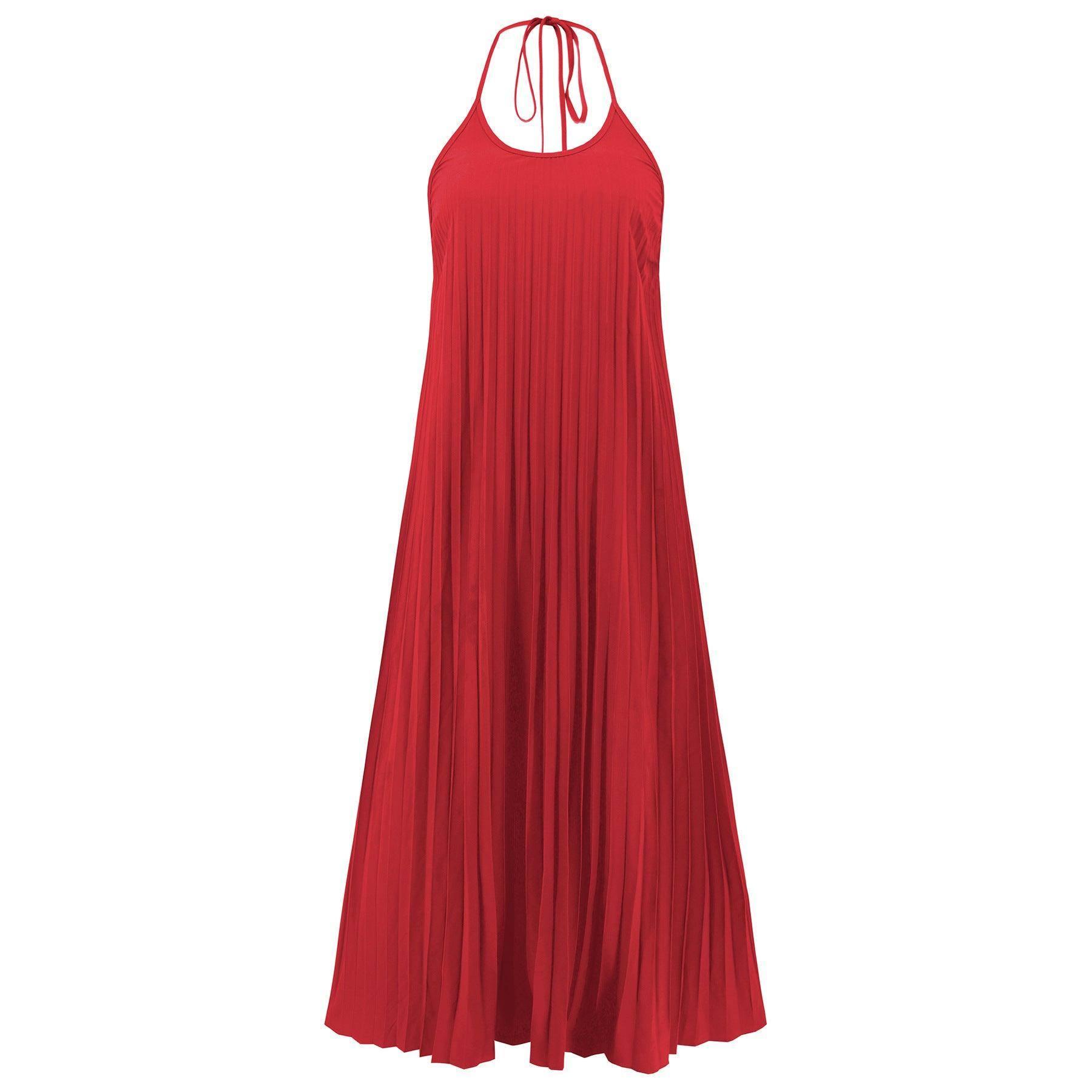 Fashion A-line Pleated Suspender Long Dress Summer Casual-10