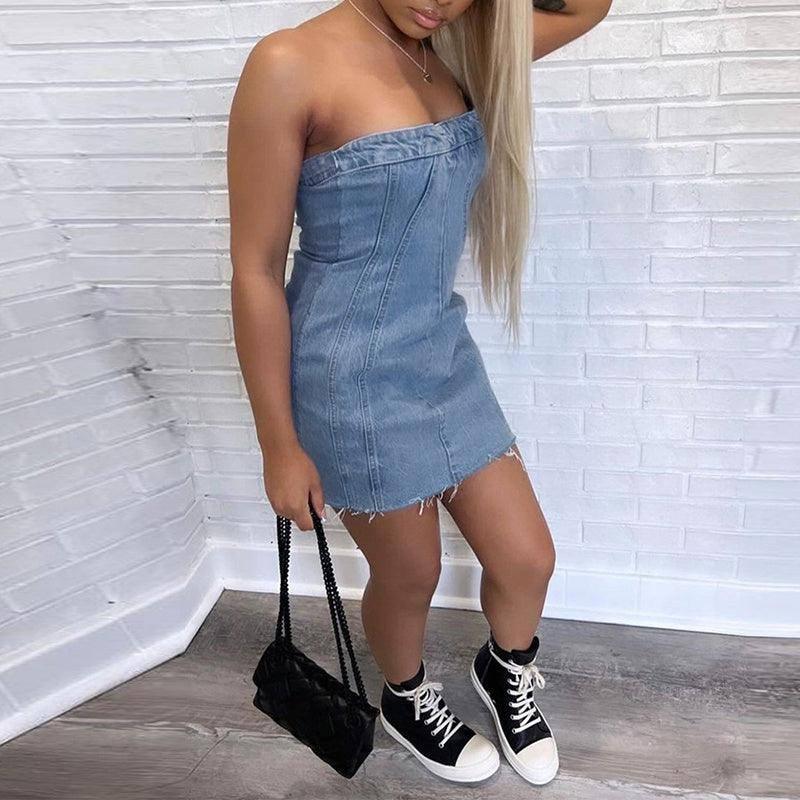 Fashion Backless Tube Denim Dress Summer Sexy Slim Short-3