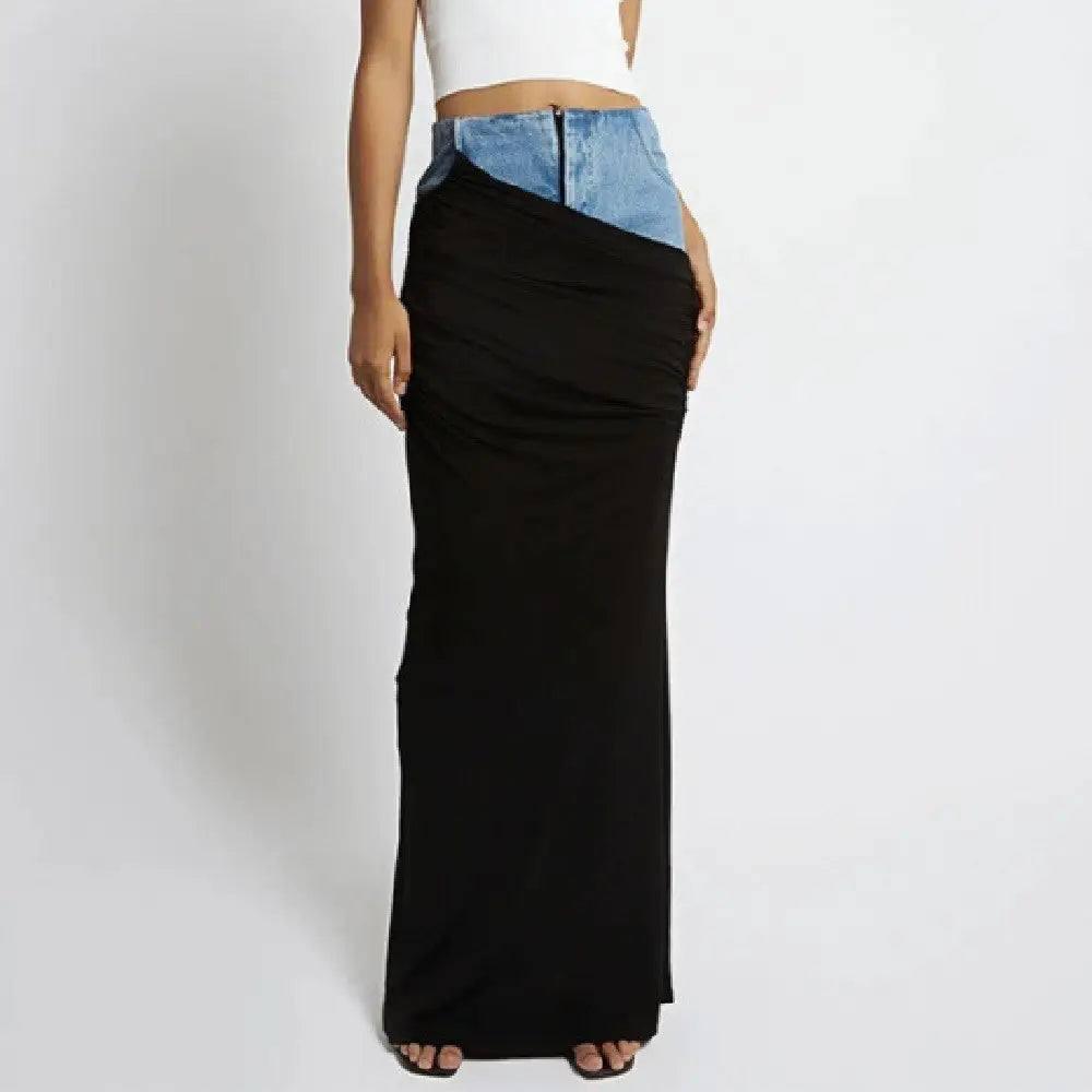 Fashion Black Panel Denim Skirt-2