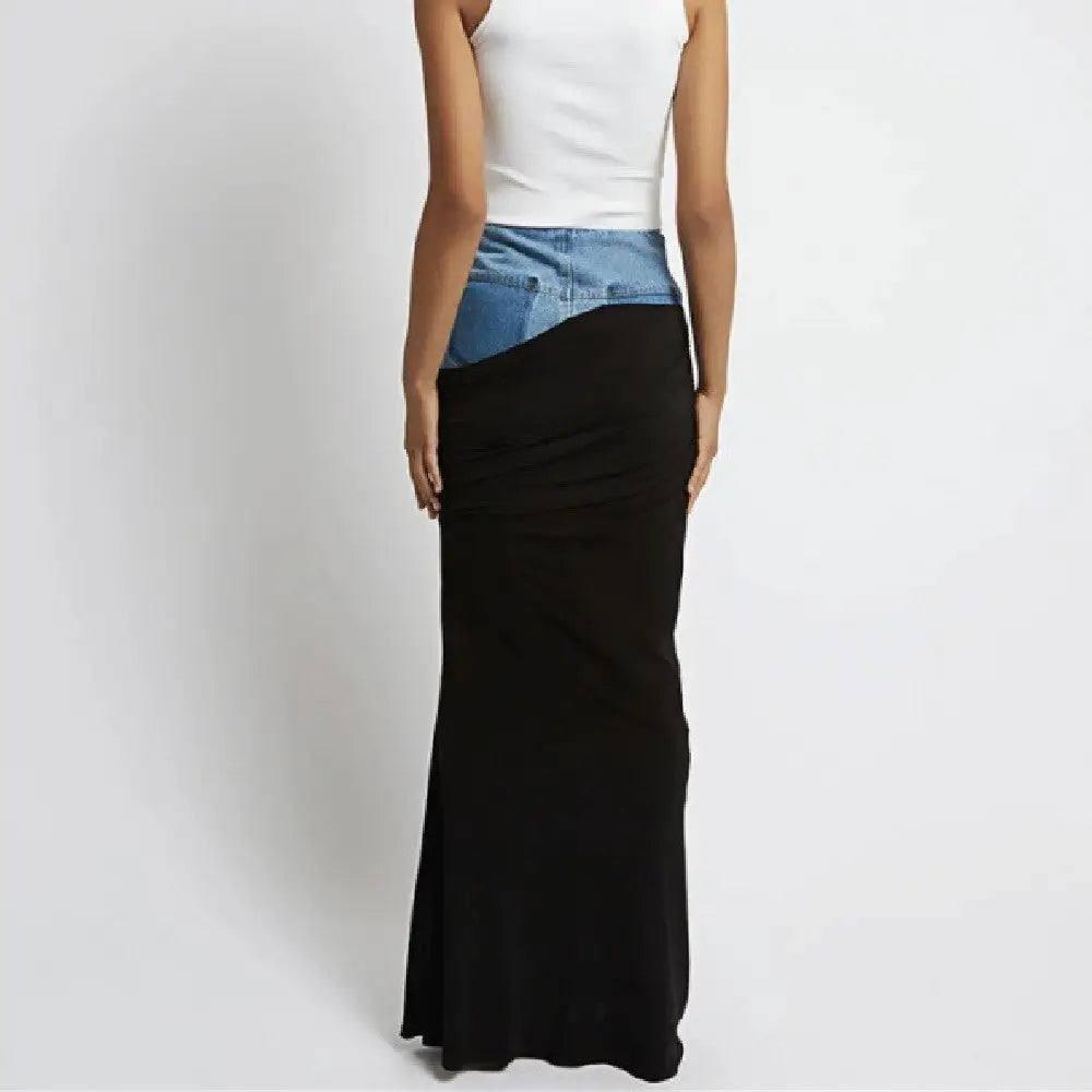 Fashion Black Panel Denim Skirt-3