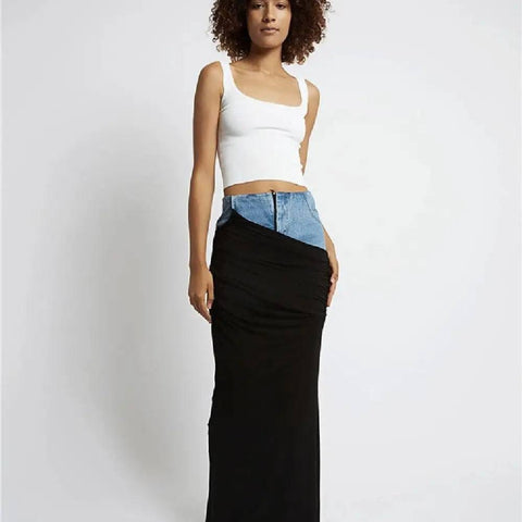 Fashion Black Panel Denim Skirt-5