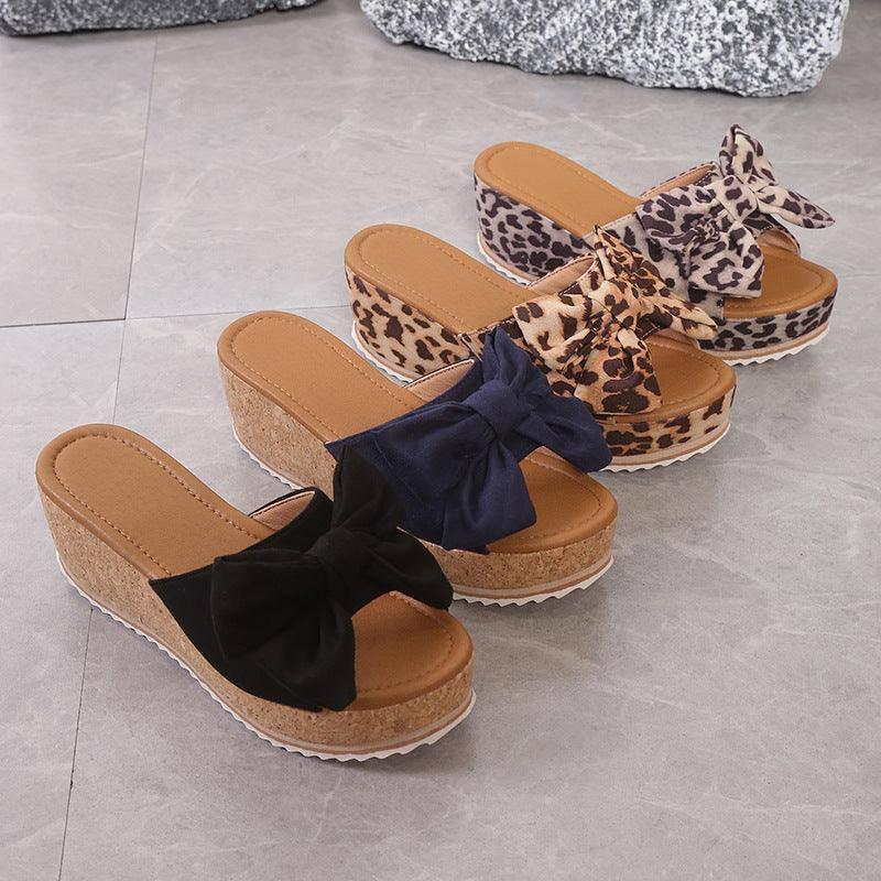 Fashion Bow Leopard Print Wedge Slippers For Women New-5