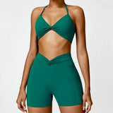 Fashion Camisole Yoga Suit Women Quick-drying Beauty Back-Sea King Green short Set-10