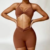 Fashion Camisole Yoga Suit Women Quick-drying Beauty Back-Sugar Brown short Set-11