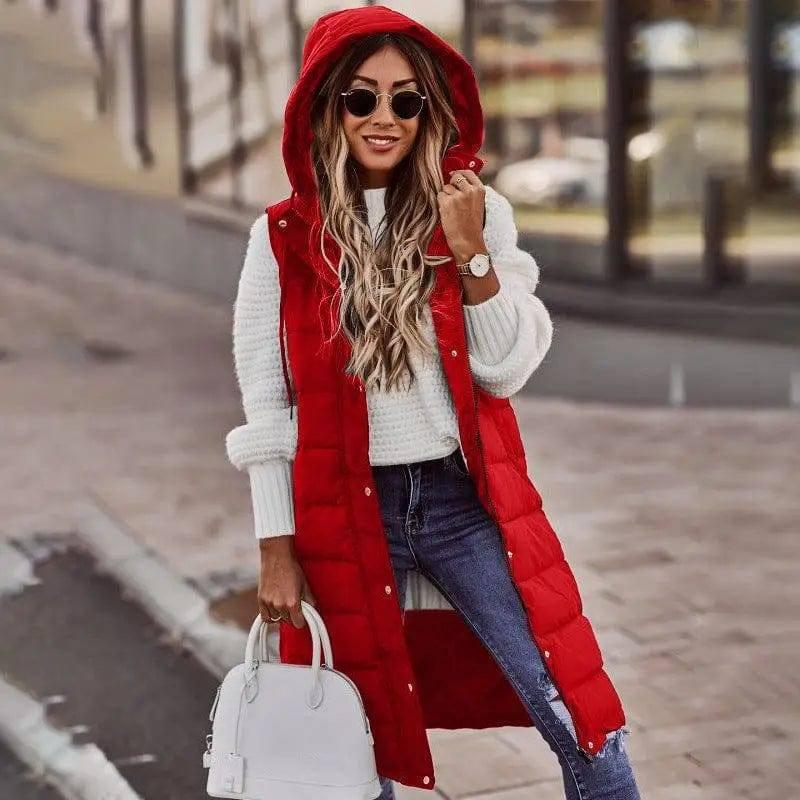 Fashion Casual Solid Color Hooded Single-breasted Slim-Red-1