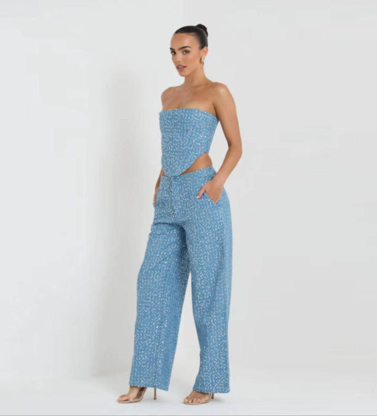 Fashion Denim Sequined Tube Top Wide Leg Pants Suit-Blue Suit-2