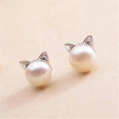 Fashion Earings Jewelry Silver Color Small Pearl Cat Stud-EJ282-3