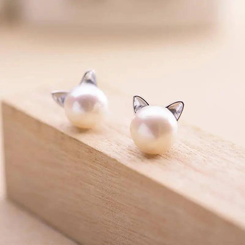 Fashion Earings Jewelry Silver Color Small Pearl Cat Stud-EJ282-4