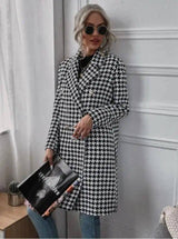 Fashion Houndstooth Print Long Woolen Coat-Picturecolor-2