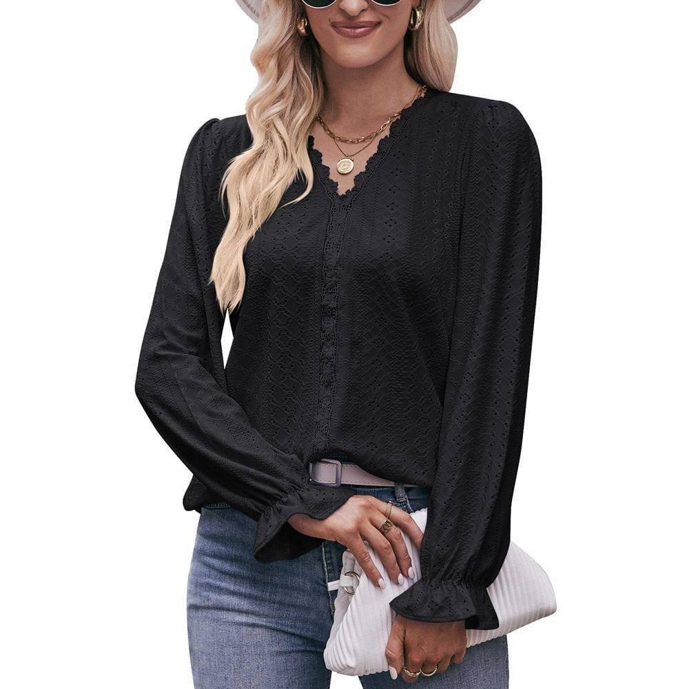 Fashion Lace V-neck Long Sleeve Top-3