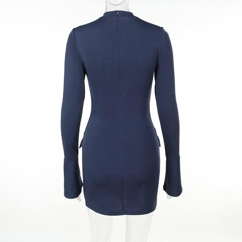 Fashion Long Sleeve Dress With Two Pockets Slim Bodycon Hip-9