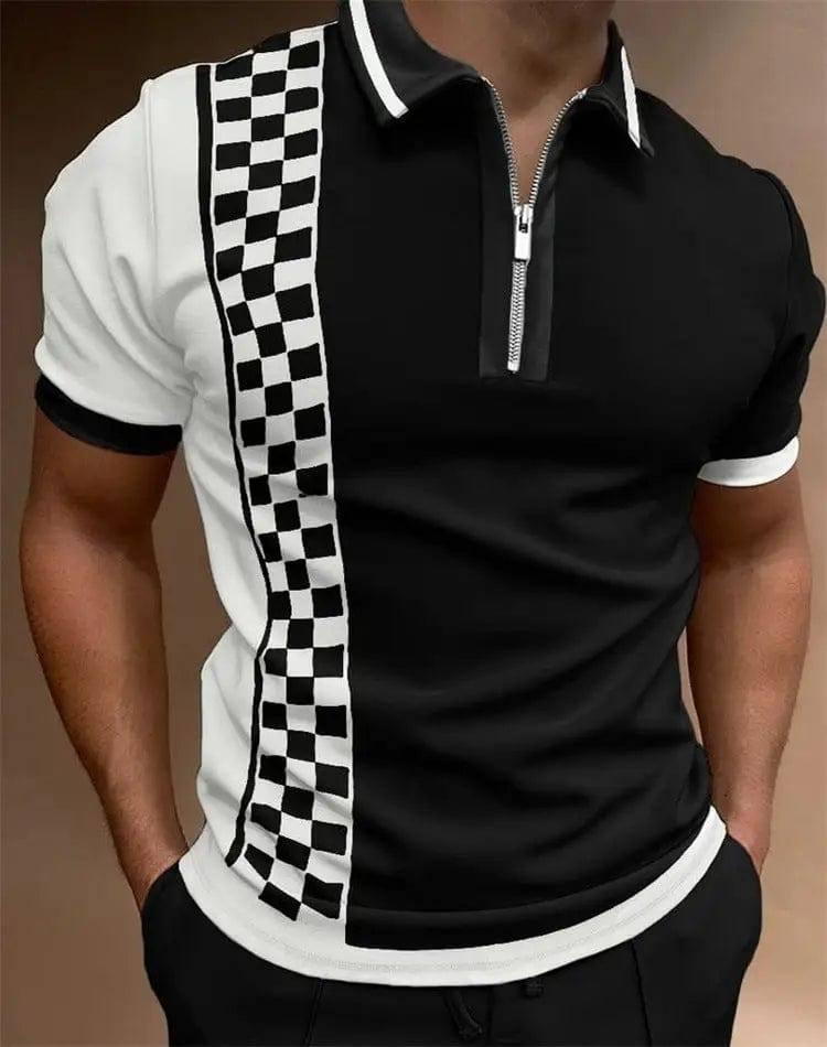 Fashion Loose Lapel Casual Print T-Shirt Zipper POLO Shirt-Black2-1