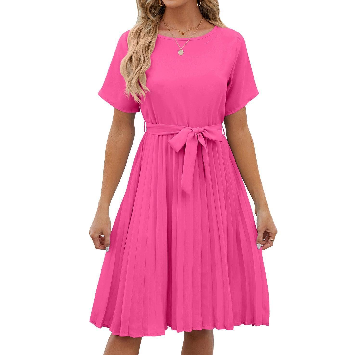 Fashion New Round Neck Dress Women-Rose Red-5