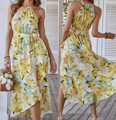 Fashion Print Halterneck Boho Dress Leisure Vacation-4