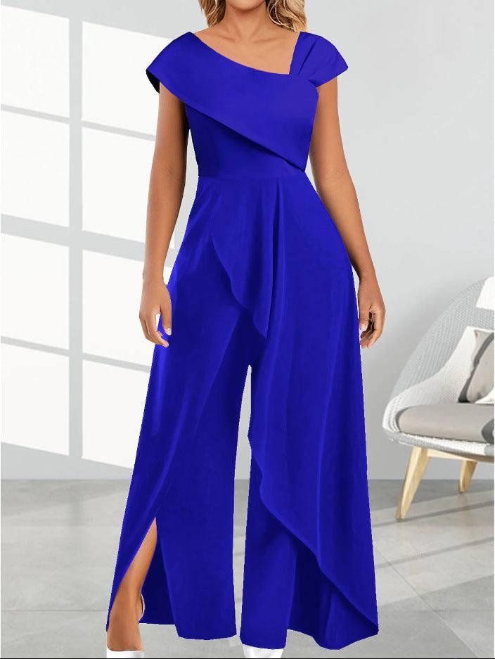 Fashion Simple Temperament Diagonal Collar Jumpsuit-S-3