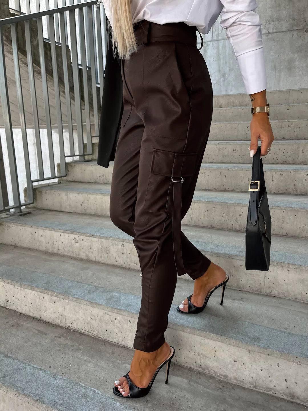 Fashion Slim-fitting Leather Trousers Women Waist-cinching-6