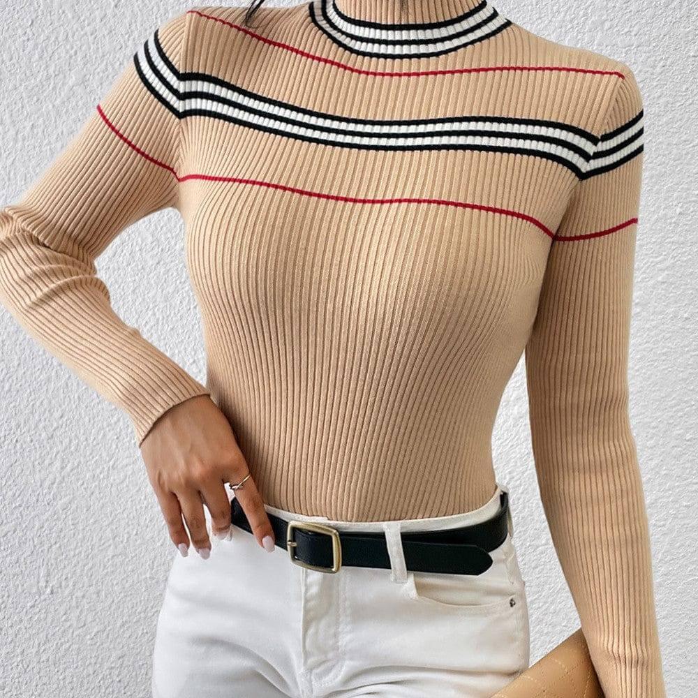 Fashion Solid Color Striped Pullover-Apricot-2
