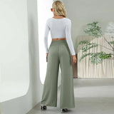 Fashion Straight Wide Leg Pants Elastic High Waist Casual Trousers For Women-3