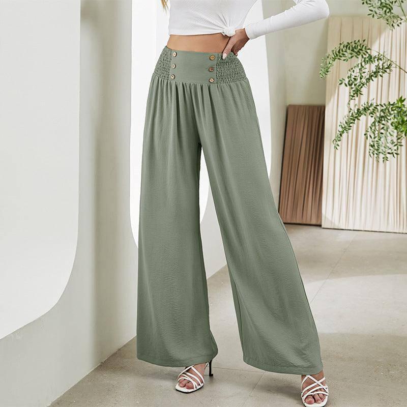 Fashion Straight Wide Leg Pants Elastic High Waist Casual-Grey Green-4