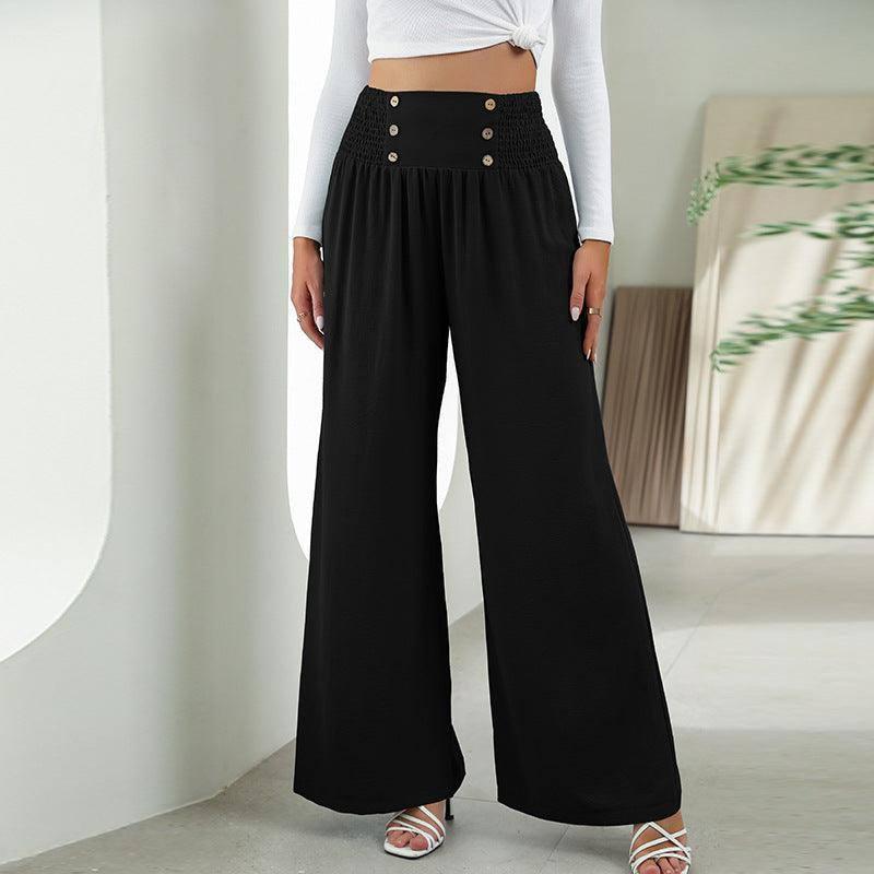 Fashion Straight Wide Leg Pants Elastic High Waist Casual-Black-6