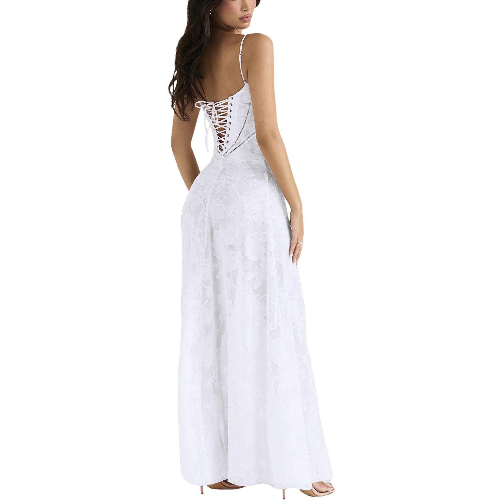 Fashion Suspender Lace Long Dress Summer Strapless Collar-6