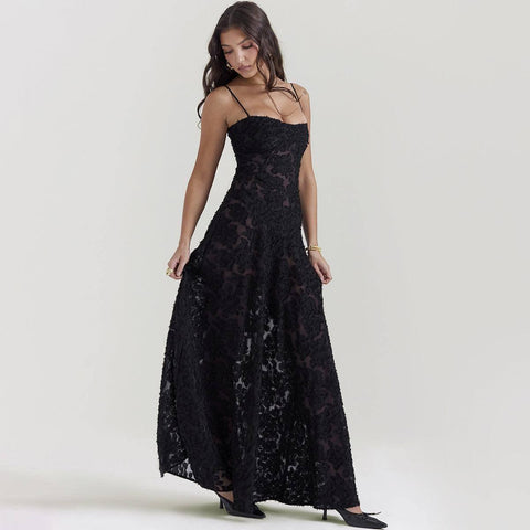Fashion Suspender Lace Long Dress Summer Strapless Collar-Black-9