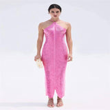 Fashion Tassel Back Slit Halter Dress-4